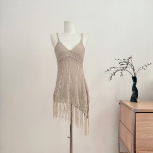 Boho Knit Fringe Cami Top with Milk Tea Color