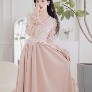 Court Style Lace Spliced Faux Two-Piece Midi Dress