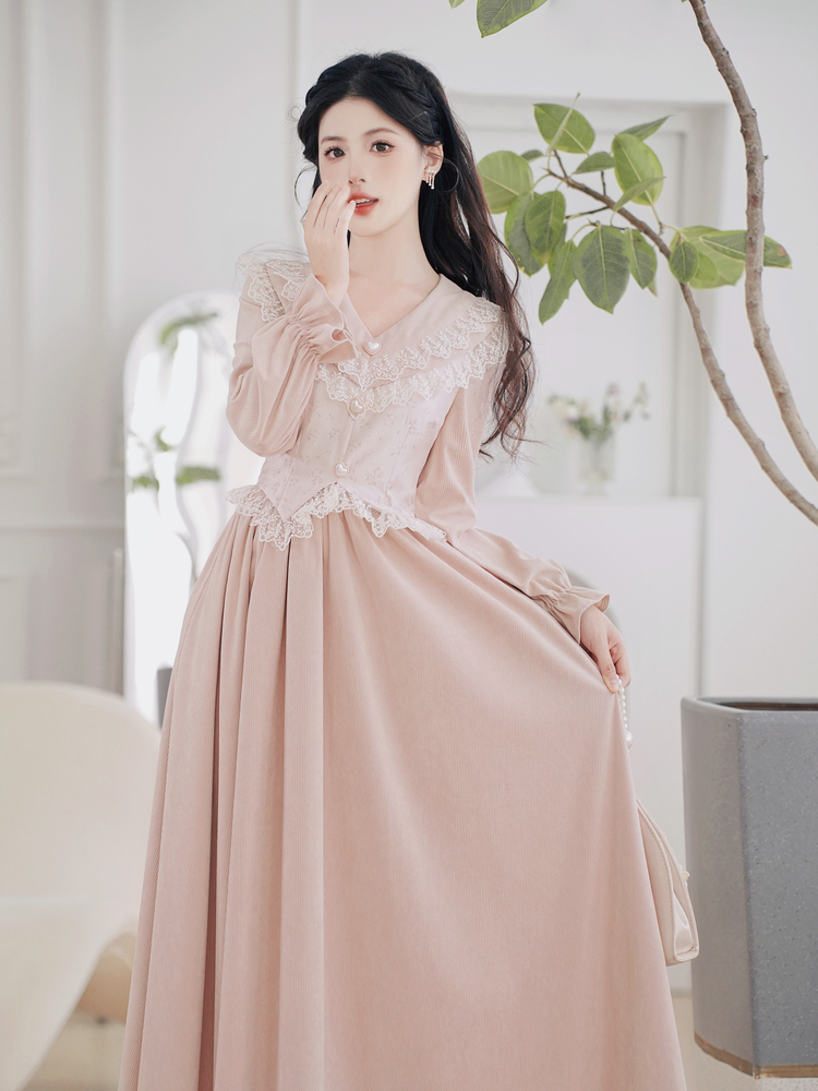 Court Style Lace Spliced Faux Two-Piece Midi Dress
