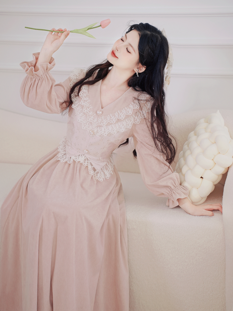 Court Style Lace Spliced Faux Two-Piece Midi Dress - Image 2