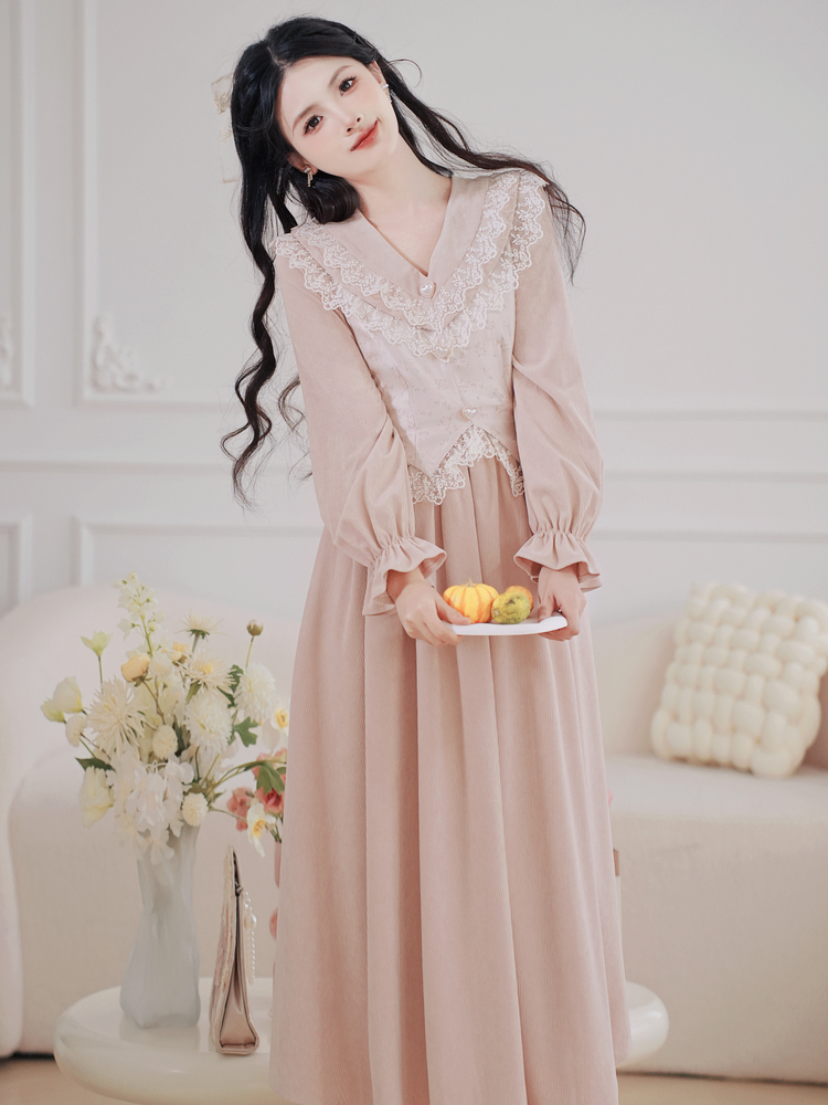 Court Style Lace Spliced Faux Two-Piece Midi Dress - Image 3