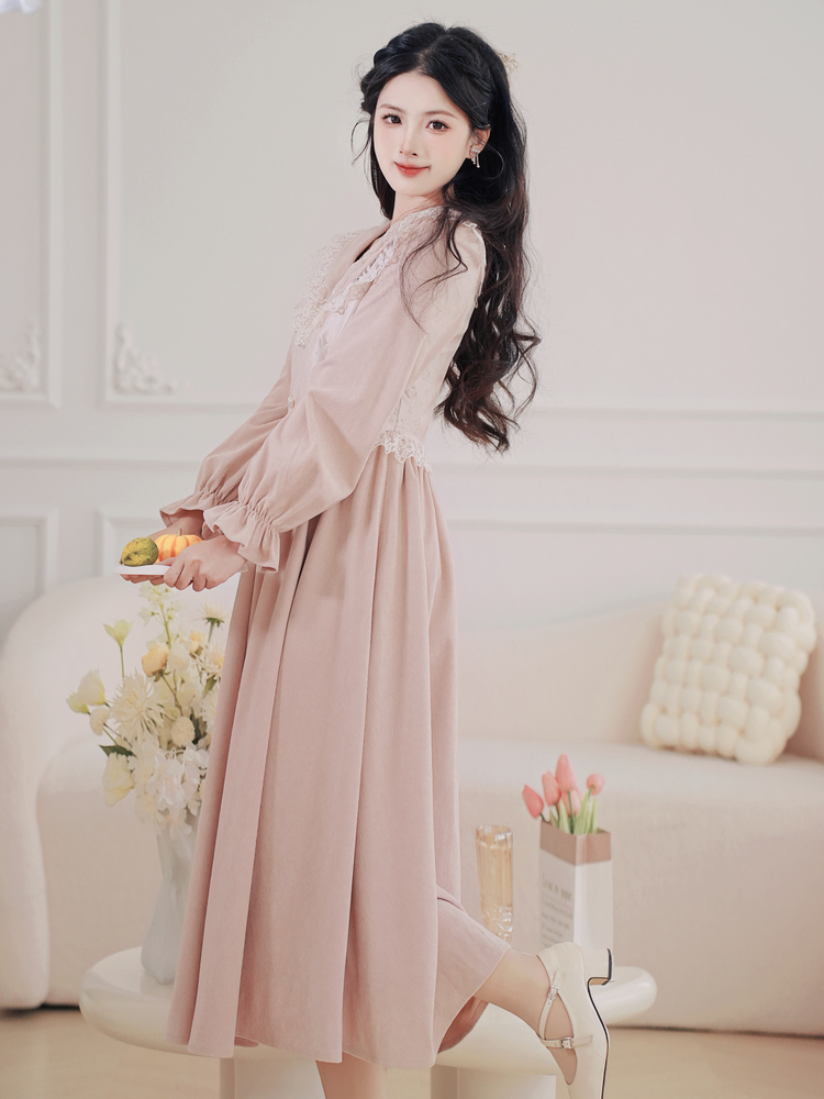 Court Style Lace Spliced Faux Two-Piece Midi Dress - Image 4