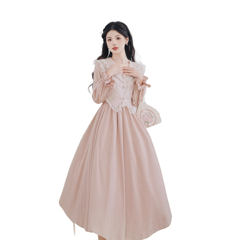 Court Style Lace Spliced Faux Two-Piece Midi Dress - Image 5