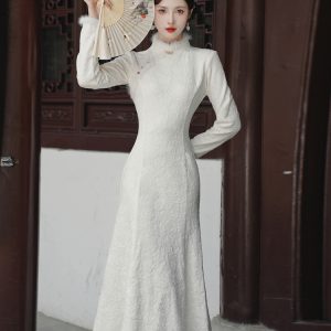 Dark Pattern Fleece Mink Trim Mermaid Qipao Dress - Style 601411