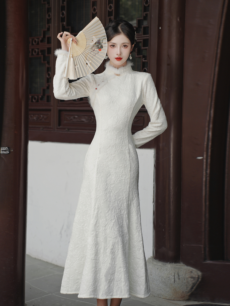 Dark Pattern Fleece Mink Trim Mermaid Qipao Dress - Style 601411