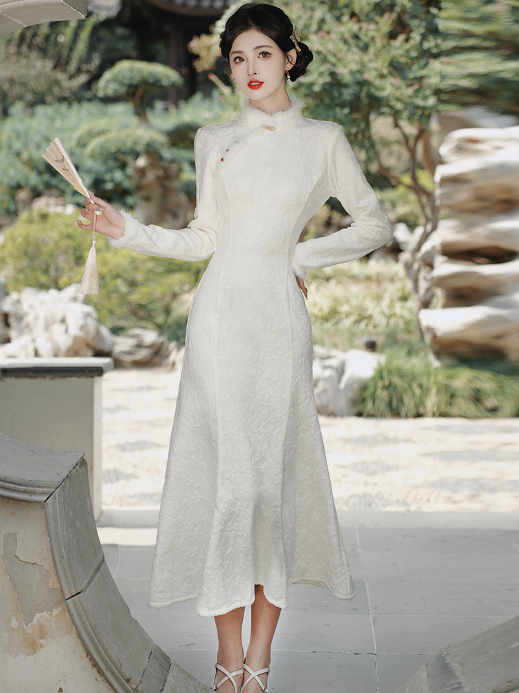Dark Pattern Fleece Mink Trim Mermaid Qipao Dress - Style 601411 - Image 2