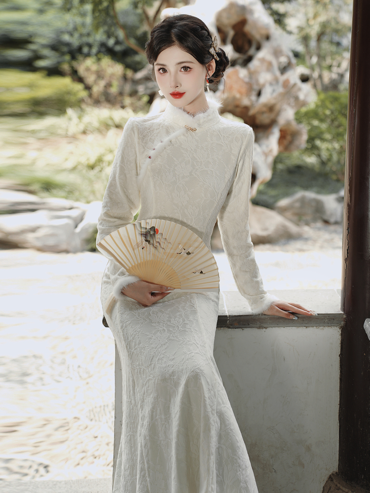 Dark Pattern Fleece Mink Trim Mermaid Qipao Dress - Style 601411 - Image 3