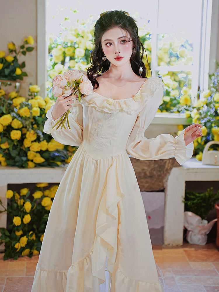 Elegant Palace Style Embroidered Irregular Hem Long Dress for Women