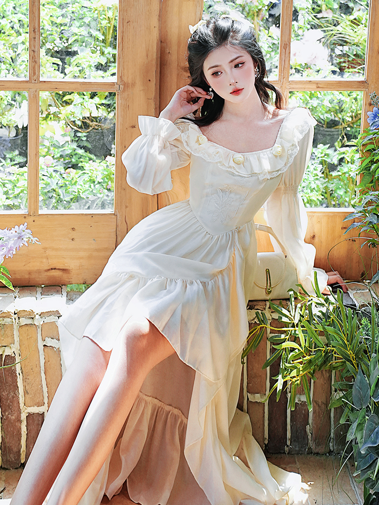 Elegant Palace Style Embroidered Irregular Hem Long Dress for Women - Image 3