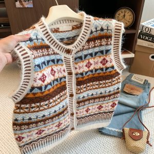 Fair Isle Colorblock Jacquard Crew Neck Knit Vest Cardigan Women 2026 Fall Winter New Soft Layering Sweater