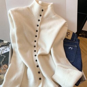 French Lazy Style Small Stand Collar Knit Cardigan Women Fall Winter Thick Loose Soft Sweater Single Breasted Coat Top