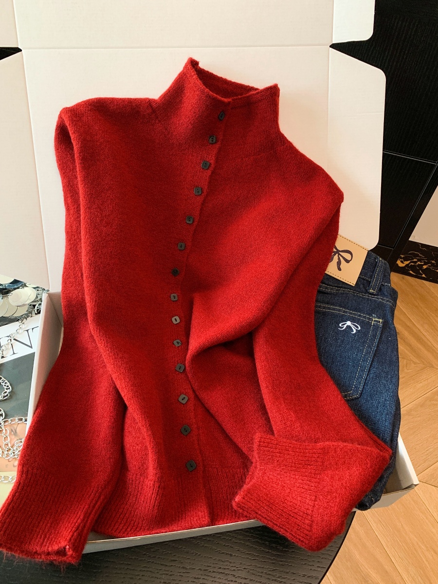 French Lazy Style Small Stand Collar Knit Cardigan Women Fall Winter Thick Loose Soft Sweater Single Breasted Coat Top - Image 2