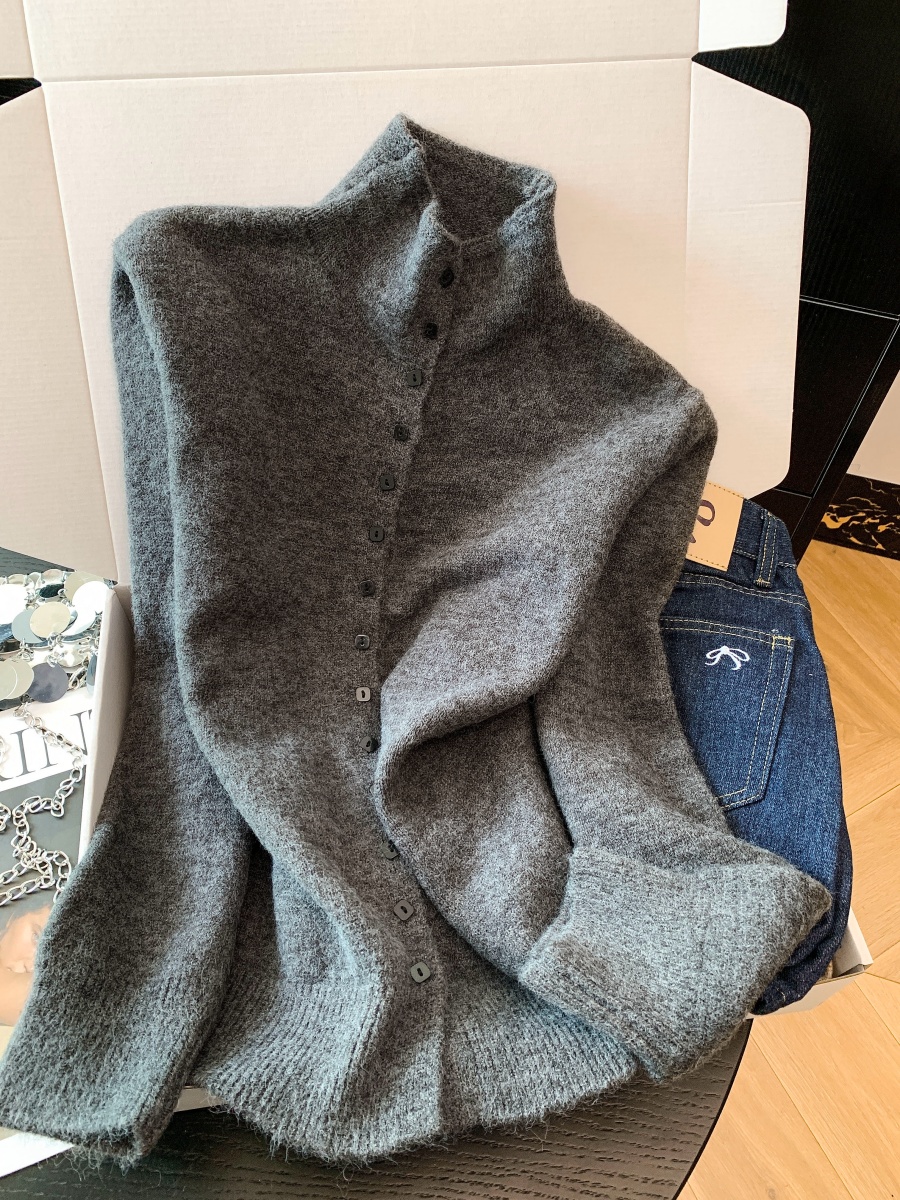 French Lazy Style Small Stand Collar Knit Cardigan Women Fall Winter Thick Loose Soft Sweater Single Breasted Coat Top - Image 3