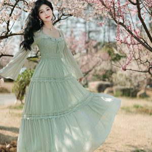 French Style Square Neck Lace Panel Vacation Dress