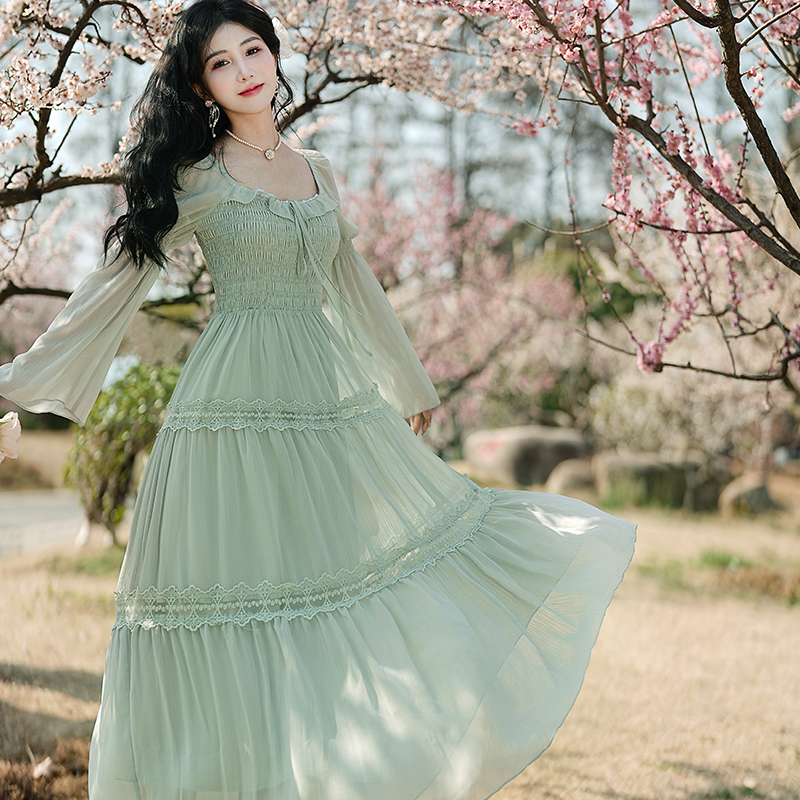 French Style Square Neck Lace Panel Vacation Dress
