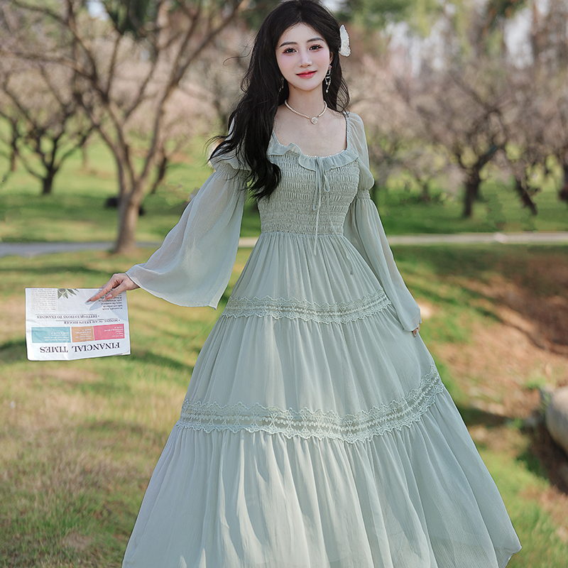 French Style Square Neck Lace Panel Vacation Dress - Image 4