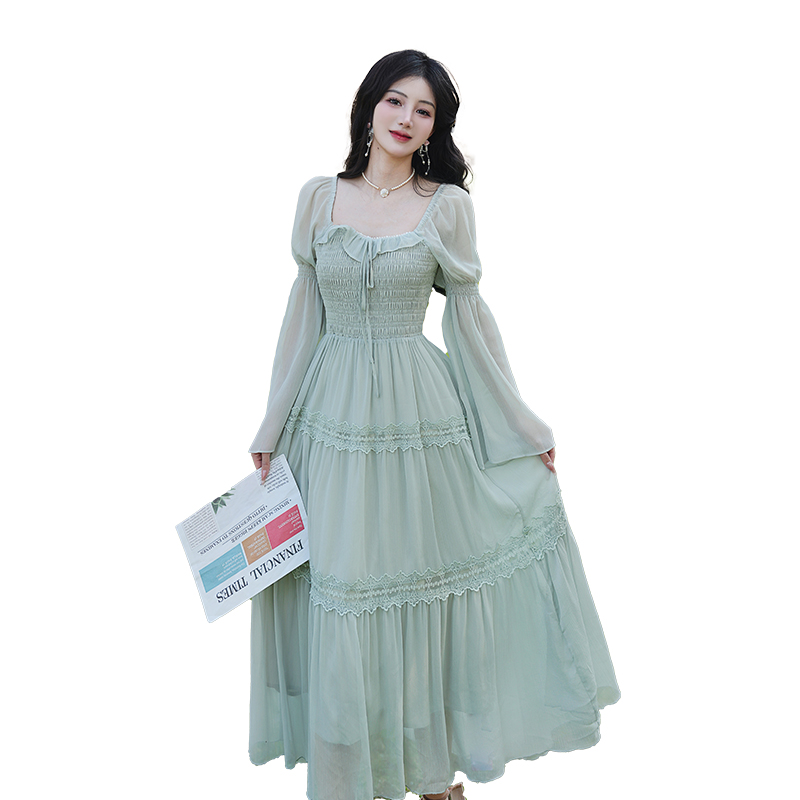 French Style Square Neck Lace Panel Vacation Dress - Image 5