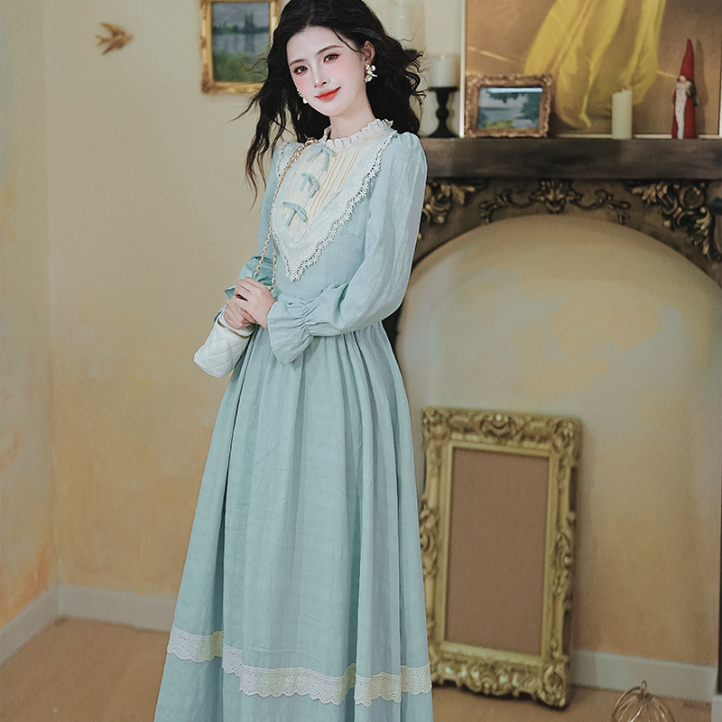 French Sweet Apricot Blue Color Block Jacquard Long Dress - Style 49acea