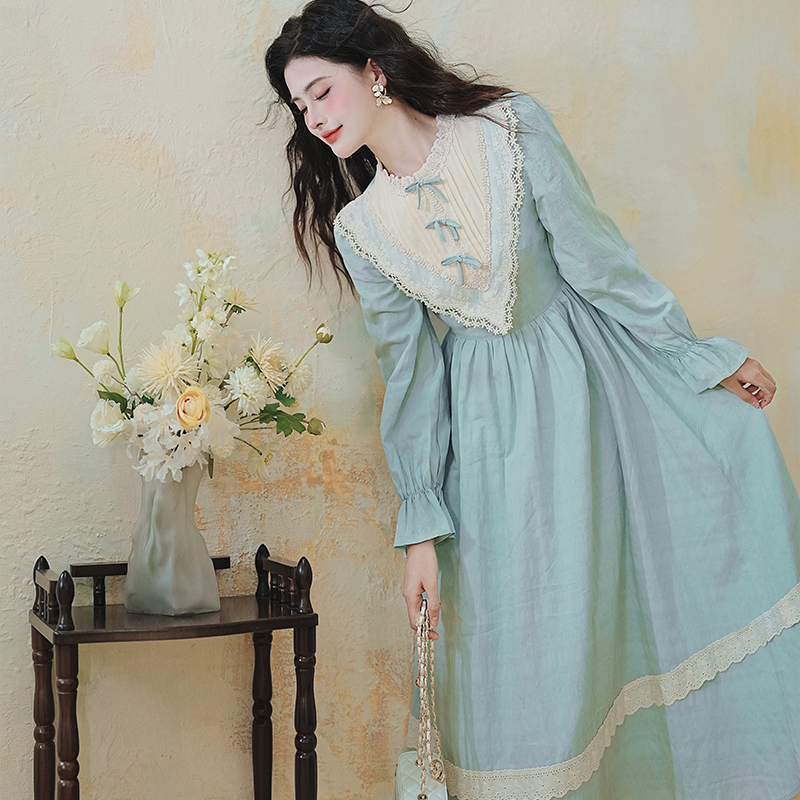 French Sweet Apricot Blue Color Block Jacquard Long Dress - Style 49acea - Image 2