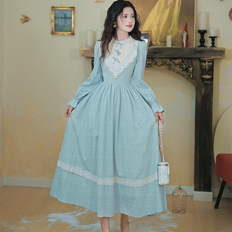 French Sweet Apricot Blue Color Block Jacquard Long Dress - Style 49acea - Image 3