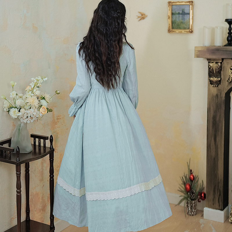 French Sweet Apricot Blue Color Block Jacquard Long Dress - Style 49acea - Image 4