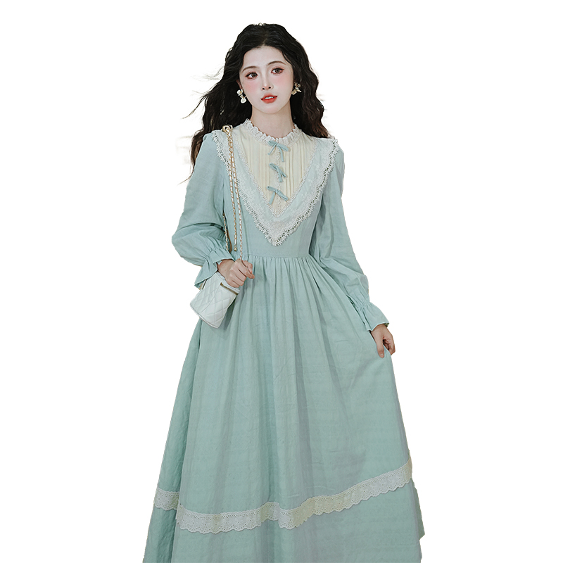 French Sweet Apricot Blue Color Block Jacquard Long Dress - Style 49acea - Image 5