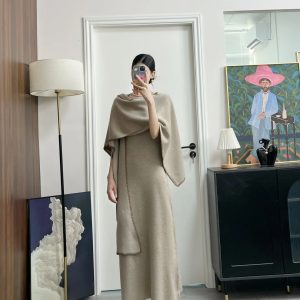French Vintage Shawl Dress Women 2025 Autumn Slim Waist Long Dress