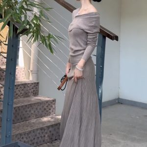 Irregular Collar Knit Long Sleeve Top and Long Skirt Two-Piece Set