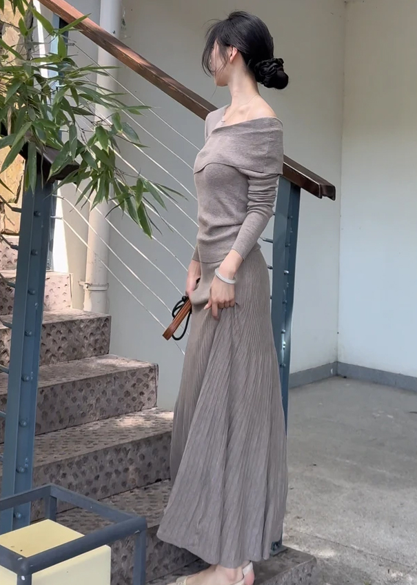 Irregular Collar Knit Long Sleeve Top and Long Skirt Two-Piece Set