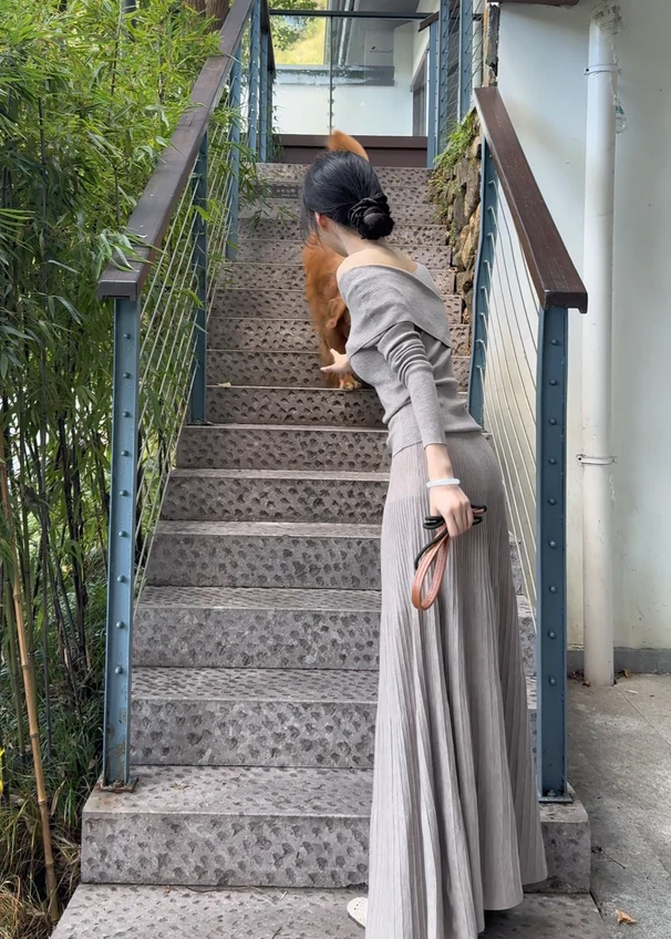 Irregular Collar Knit Long Sleeve Top and Long Skirt Two-Piece Set - Image 2