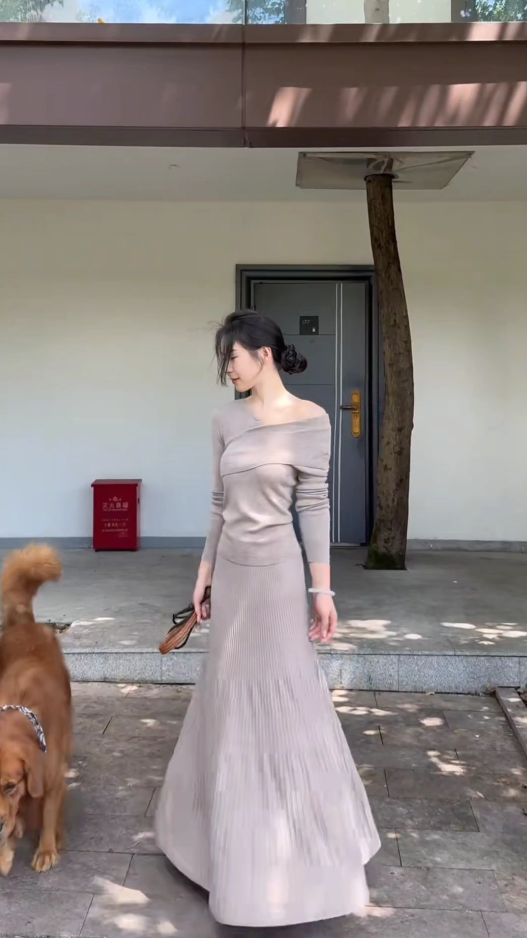 Irregular Collar Knit Long Sleeve Top and Long Skirt Two-Piece Set - Image 3