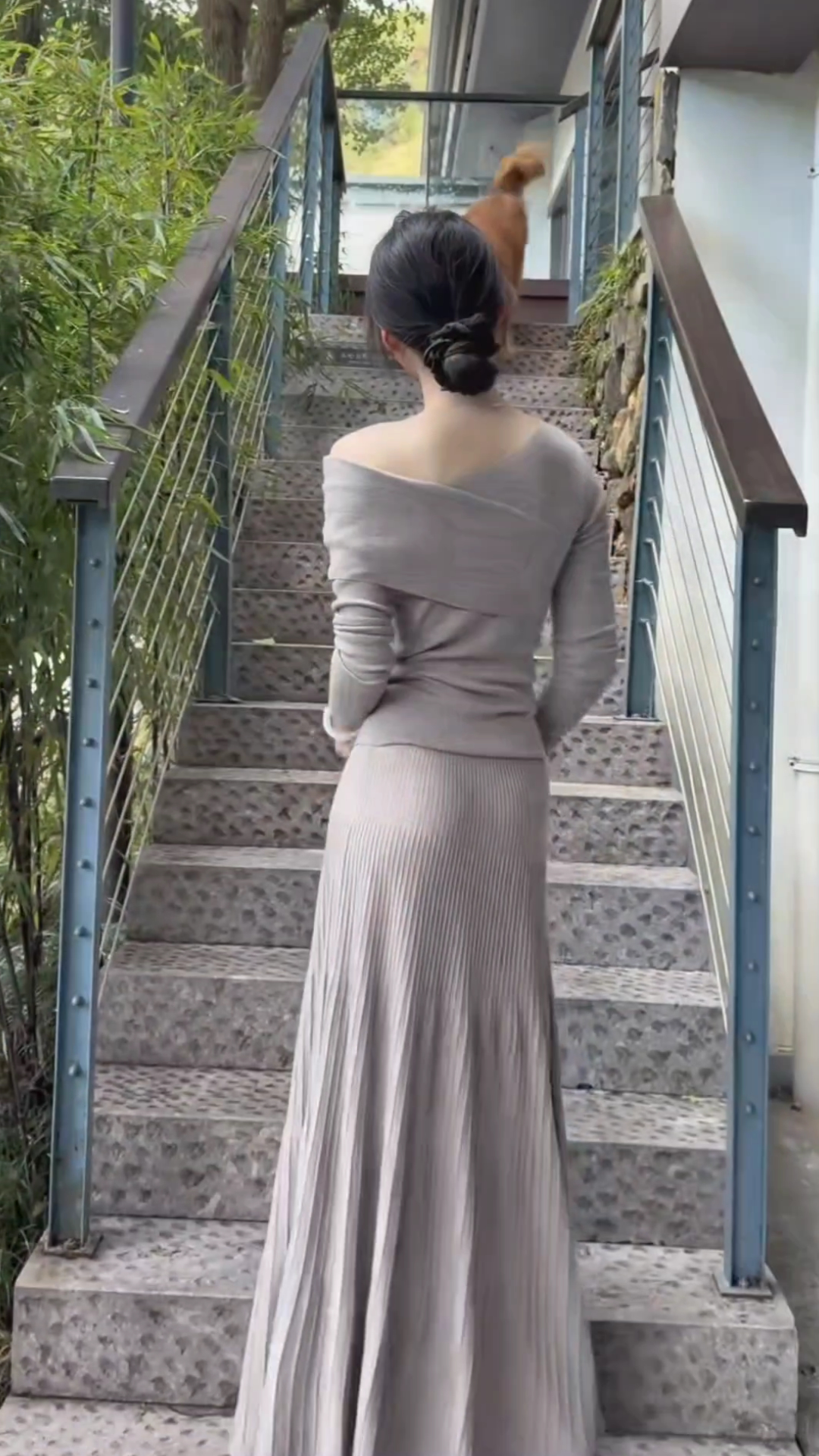 Irregular Collar Knit Long Sleeve Top and Long Skirt Two-Piece Set - Image 4