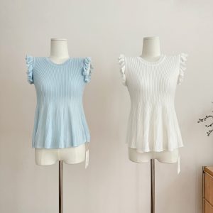 JMSHOP Showa Doll Style Ruffled Lyocell Tencel Knit Sleeveless Top