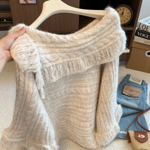 Korean Loose Lazy Style Off-Shoulder Sweater Women 2026 Fall Winter Mid-Length Tassel Knit Top
