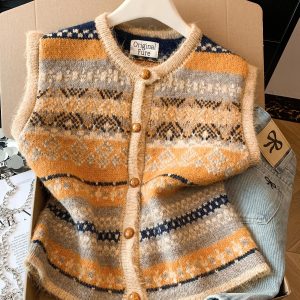 Korean Retro Fair Isle Knit Vest Women's Fall Layering Sleeveless Cardigan