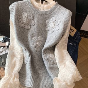 Korean Style Lace Shirt and Knit Vest Two-Piece Set for Women Autumn Loose Fit - Style bc04f8