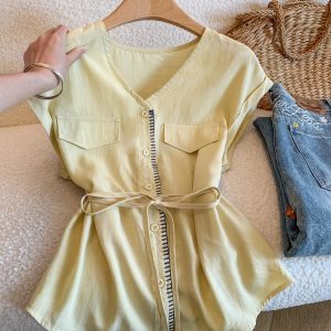 Korean V-Neck Tie Waist Sleeveless Shirt Women Summer Loose Slimming Versatile - Style 64dc27