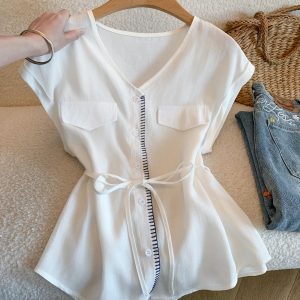 Korean V-Neck Tie Waist Sleeveless Shirt Women Summer Loose Slimming Versatile - Style b861a0