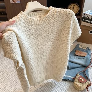 Minimalist Textured Short Sleeve Knit Sweater Women Autumn Pullover Crew Neck Cropped Loose Slimming Thick Top