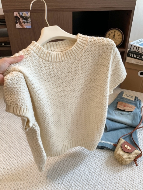 minimalist-textured-short-sleeve-knit-sweater-women-autumn-pullover-crew-neck-cropped-loose-slimming-thick-top