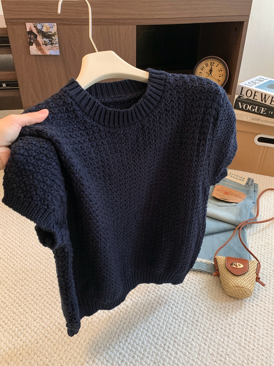 Minimalist Textured Short Sleeve Knit Sweater Women Autumn Pullover Crew Neck Cropped Loose Slimming Thick Top - Image 3
