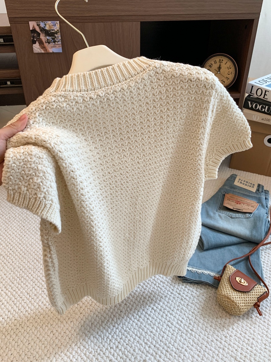 Minimalist Textured Short Sleeve Knit Sweater Women Autumn Pullover Crew Neck Cropped Loose Slimming Thick Top - Image 4