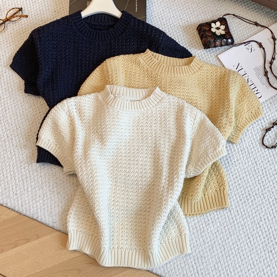 Minimalist Textured Short Sleeve Knit Sweater Women Autumn Pullover Crew Neck Cropped Loose Slimming Thick Top - Image 5