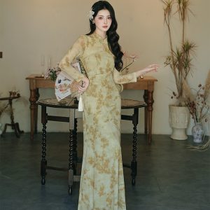 New Chinese Style Long Cheongsam Dress Light Yellow Green