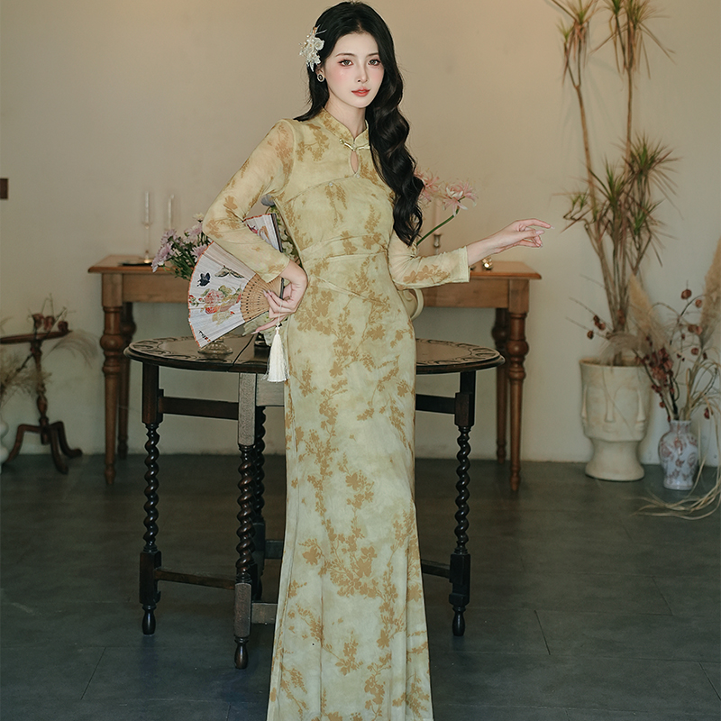 New Chinese Style Long Cheongsam Dress Light Yellow Green
