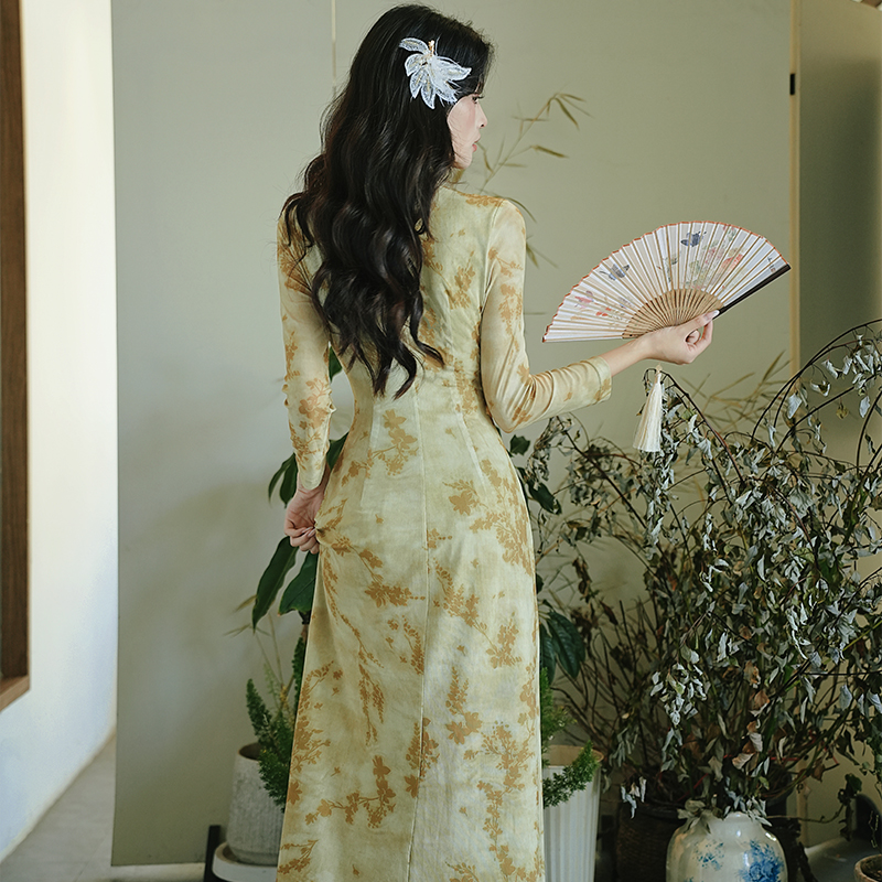 New Chinese Style Long Cheongsam Dress Light Yellow Green - Image 4