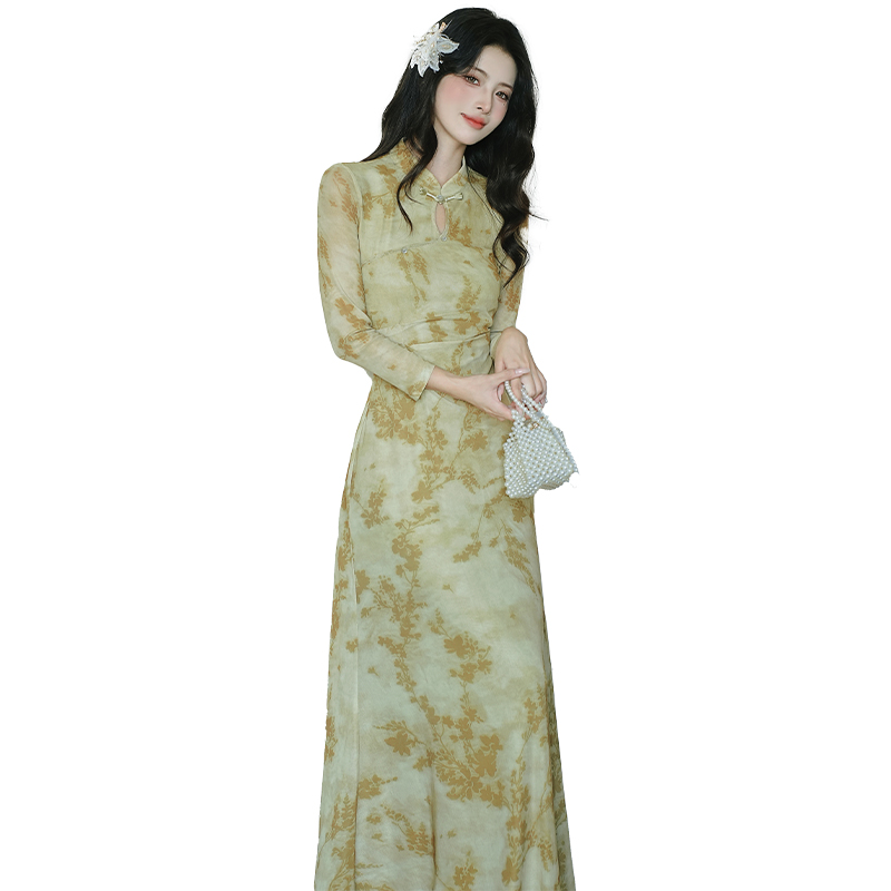 New Chinese Style Long Cheongsam Dress Light Yellow Green - Image 5