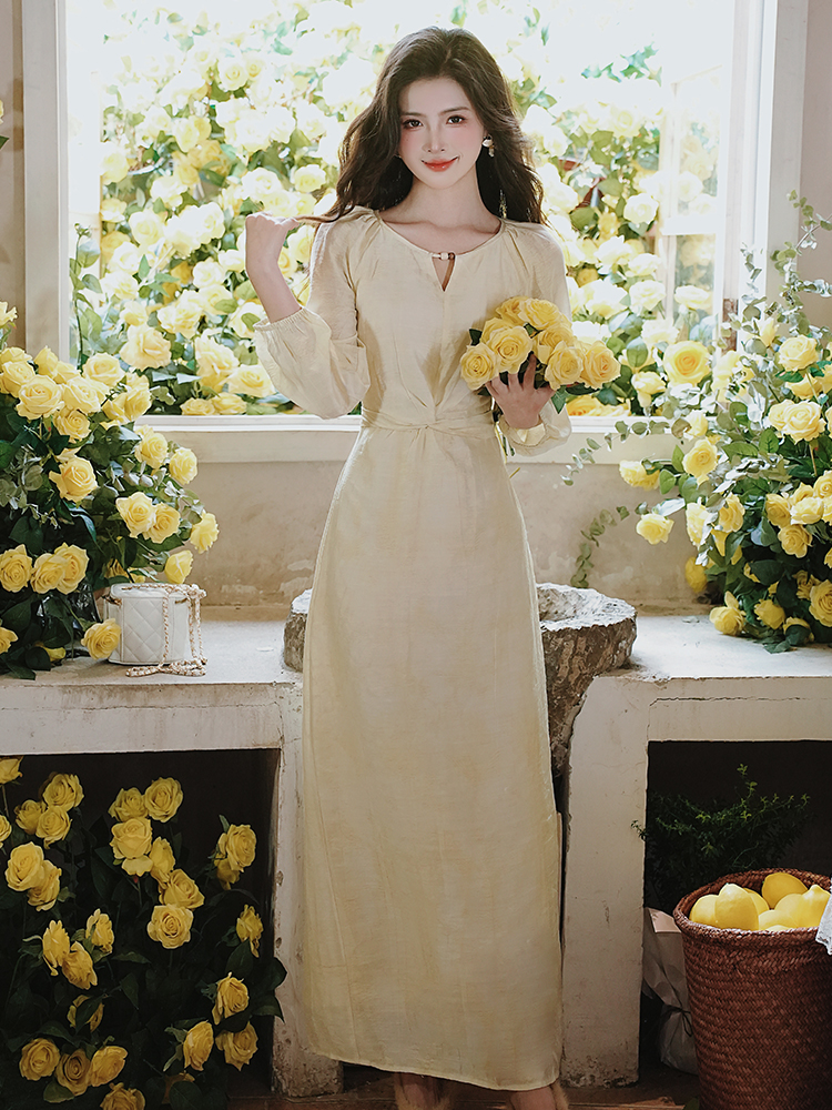 Old Money Style Elegant Long Dress for Early Autumn Slimming Look - Image 2