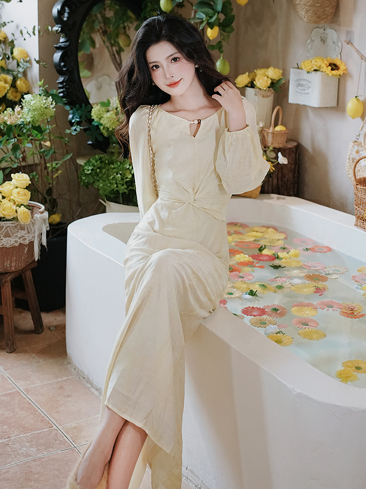 Old Money Style Elegant Long Dress for Early Autumn Slimming Look - Image 3