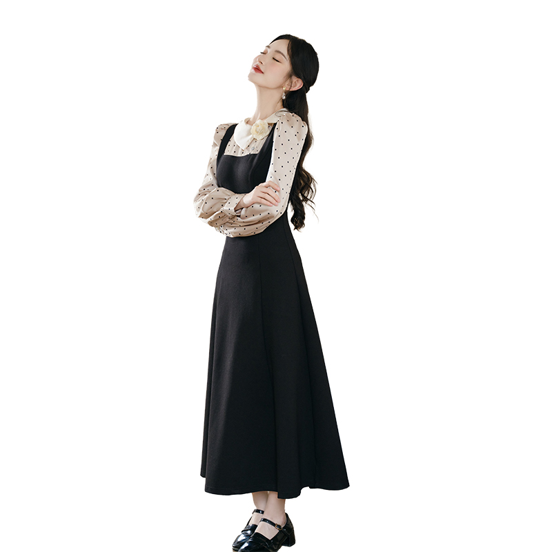 Retro Satin Polka Dot Color Block Faux Two Piece Hepburn Little Black Dress - Image 5